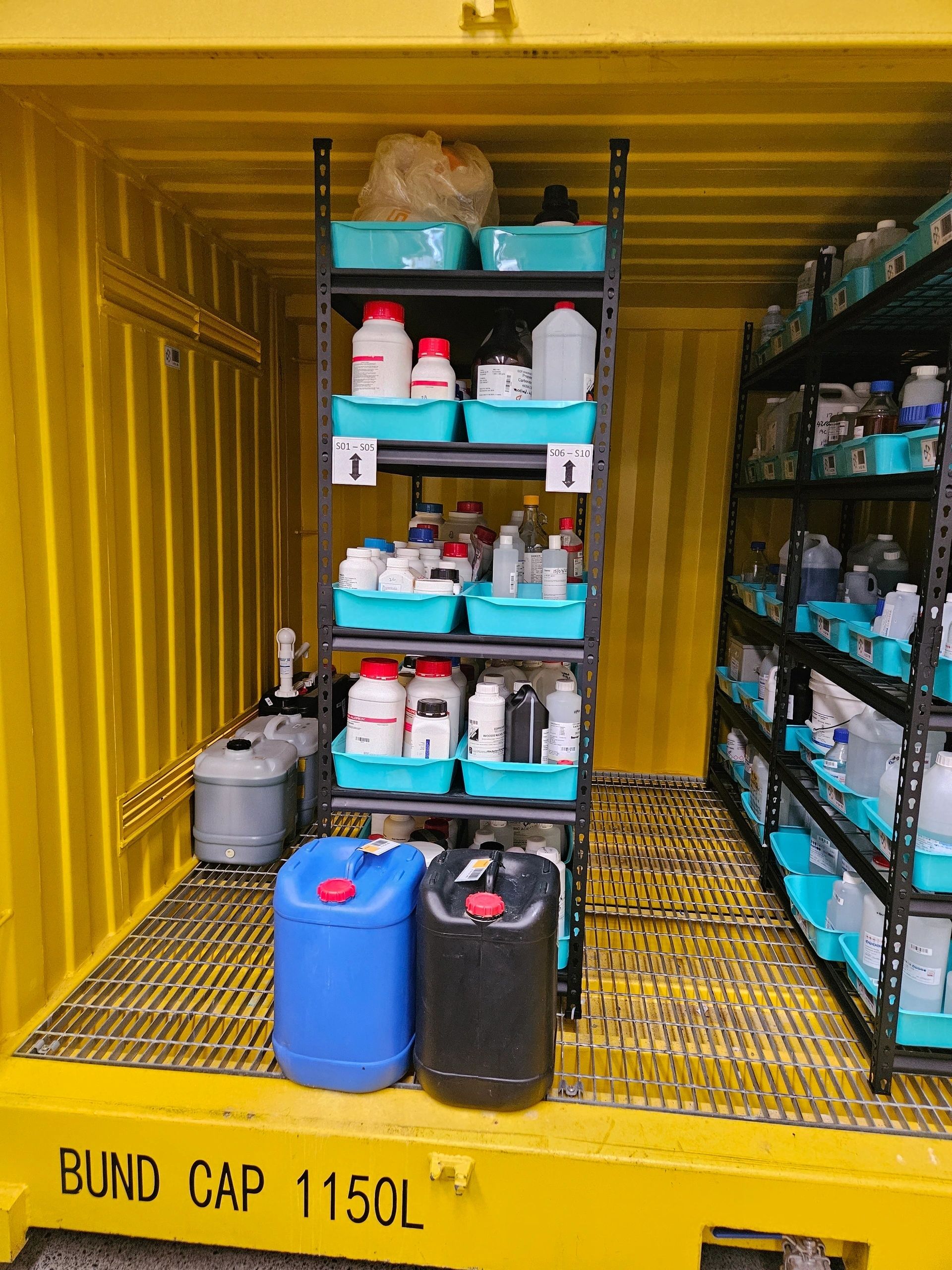 Chemical storage container requiring location compliance certification